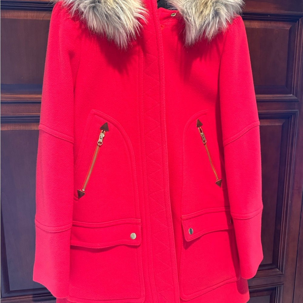 J. Crew Vibrant Red Wool Coat with Faux Fur.
